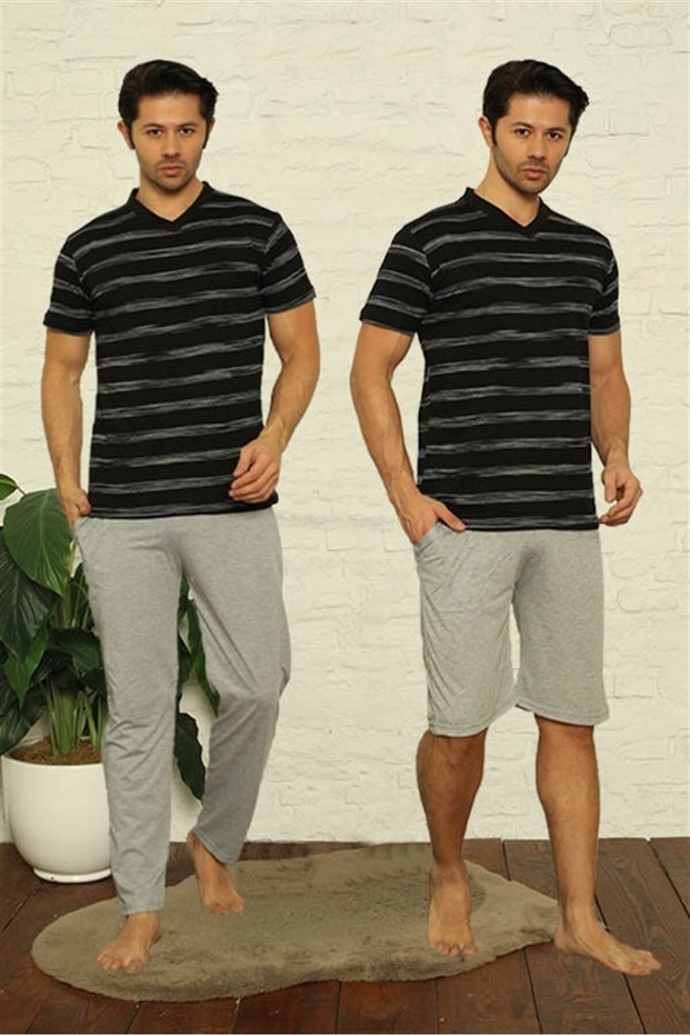 Men's Black V-Neck 3-Piece Pajama Suit 6826