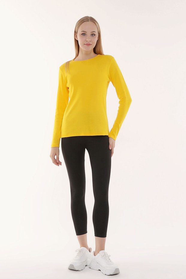 Women's Crew Neck Long Sleeve Regular Fit Basic T-Shirt Yellow