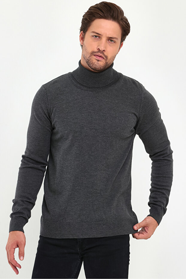 Pánský antracitový rolák Basic pletený svetr - 5