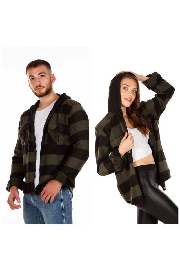 Hooded Zippered Unisex Khaki-black Lumberjack Shirt