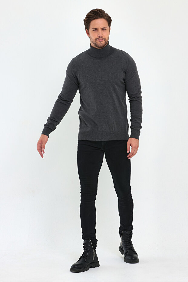 Pánský antracitový rolák Basic pletený svetr - 2