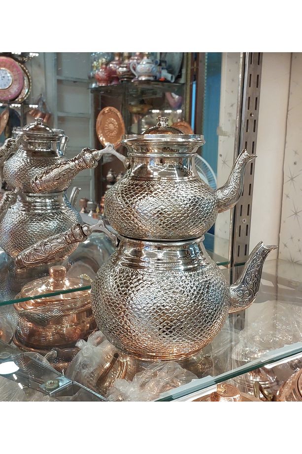 Bakır Çaydanlık Petek Desen Bakır Gümüş Renk Çaydanlık Osmanlı Ocaklı Bakır Demlik - 3