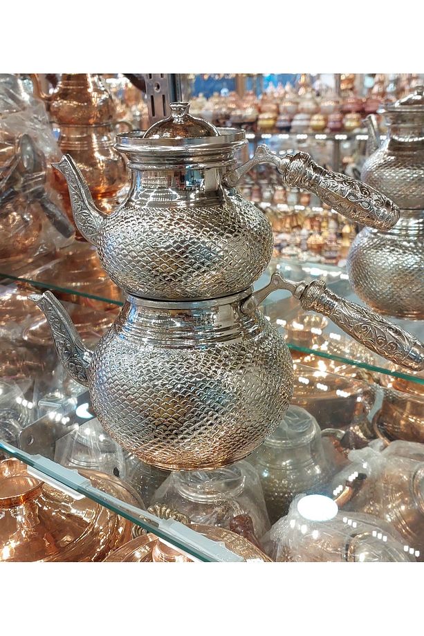Bakır Çaydanlık Petek Desen Bakır Gümüş Renk Çaydanlık Osmanlı Ocaklı Bakır Demlik - 4