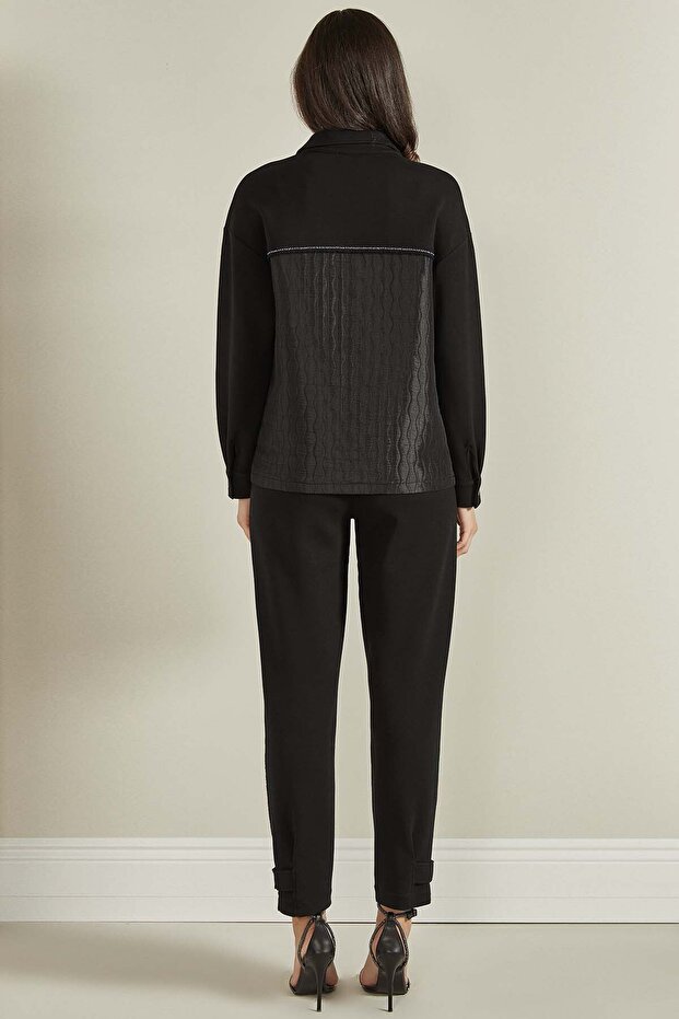 Kapitone Garnili Siyah Örme Pantolon - 2