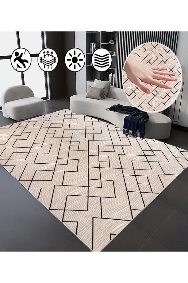 Yıkanabilir Kaymaz Taban Bej Salon Halısı Mutfak Halısı Yolluk - 6