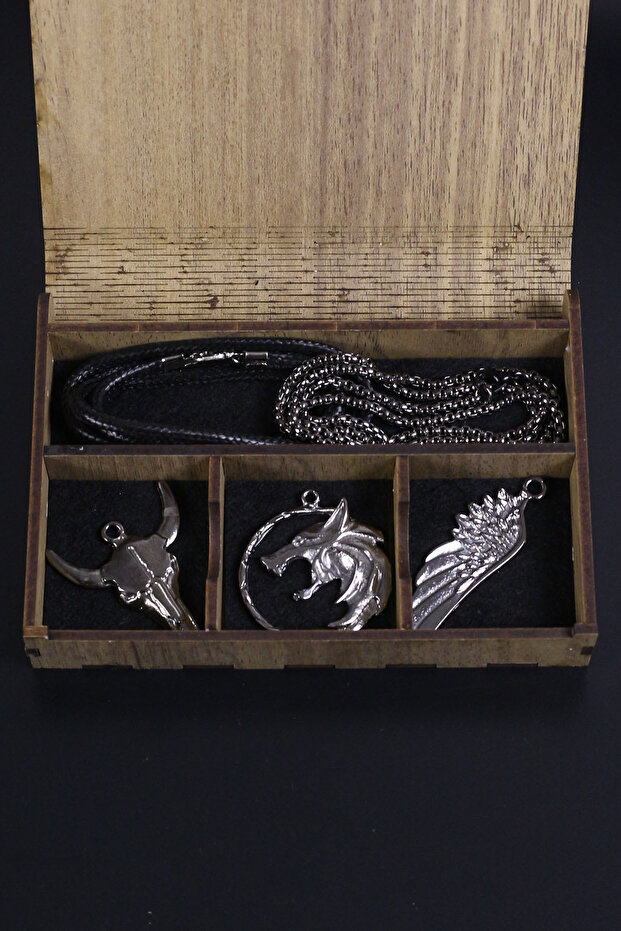Bull, Witcher and Wing Smoked Color Necklace Set with Wooden Special Gift Box