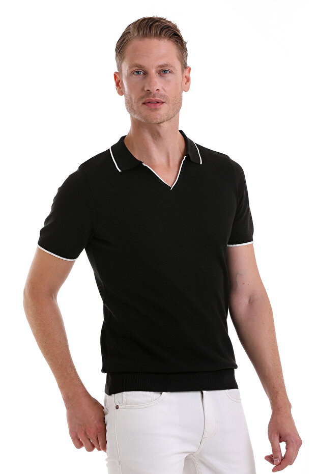 Black Regular Fit Patterned Cotton Polo Collar Casual T-Shirt