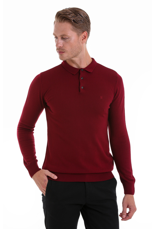 Claret Red Regular Fit Plain Polo Collar Knitwear Sweater