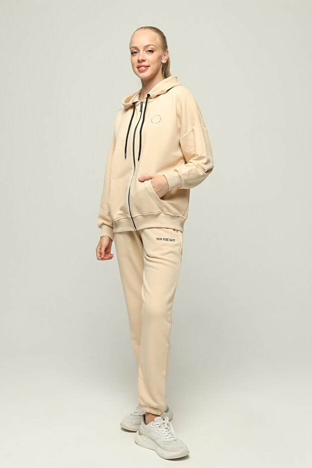 Women's Hooded Kangaroo Pocket Oversize Rubber Leg Zippered Tracksuit Set