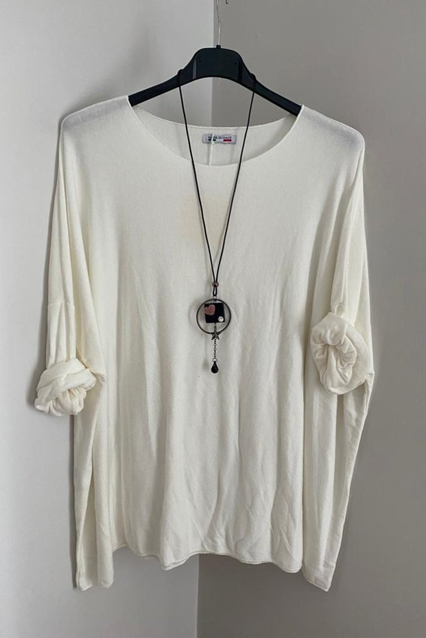 Women's Italian White Necklace Accessory Casual Oversize Round Collar Knitwear Blouse