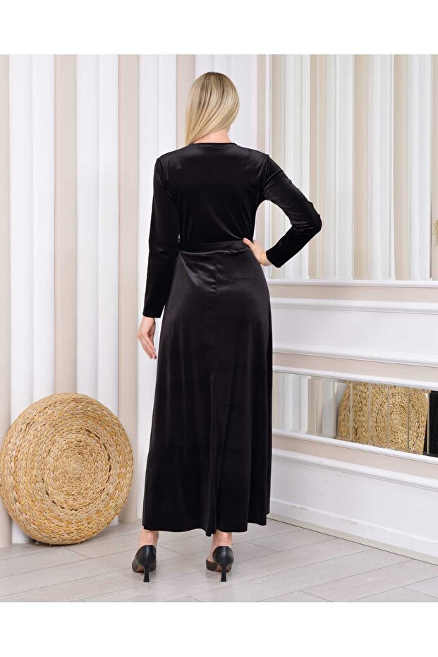 Rochie de catifea cu curea lungă - 4