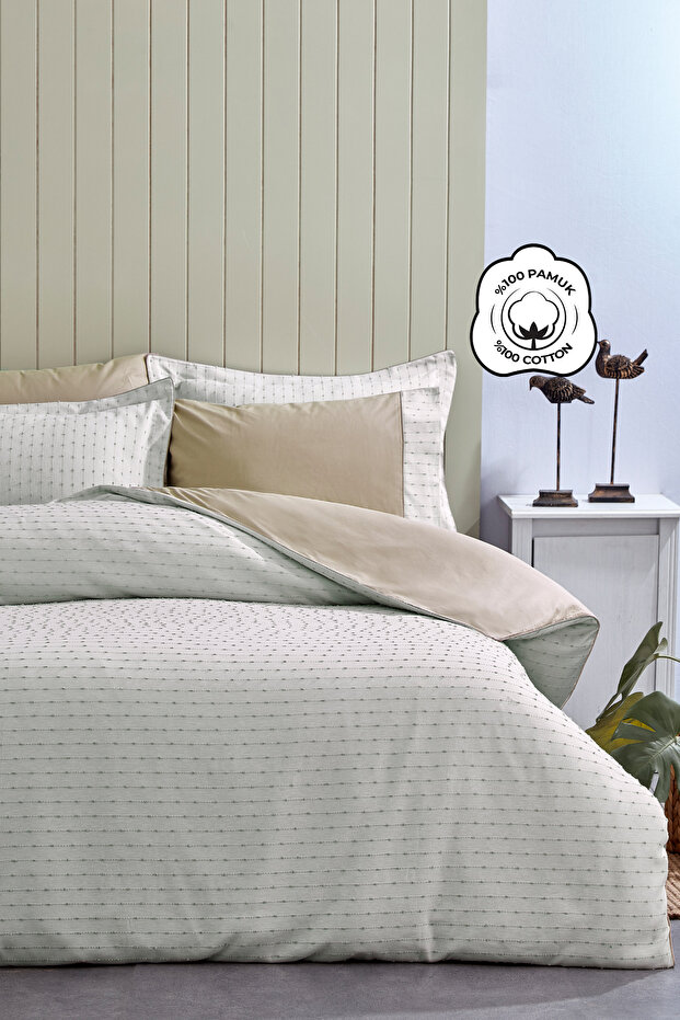 Spectra 100% Cotton Special Woven Double Duvet Cover Set with Piping Sheets Striped Plain Beige