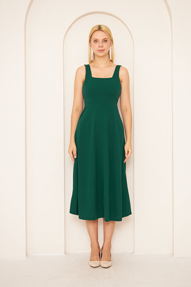 Women's Flexible Crepe Fabric Midi Length Thick Strap Square Neck Flared Cut Emerald Green Dress 086