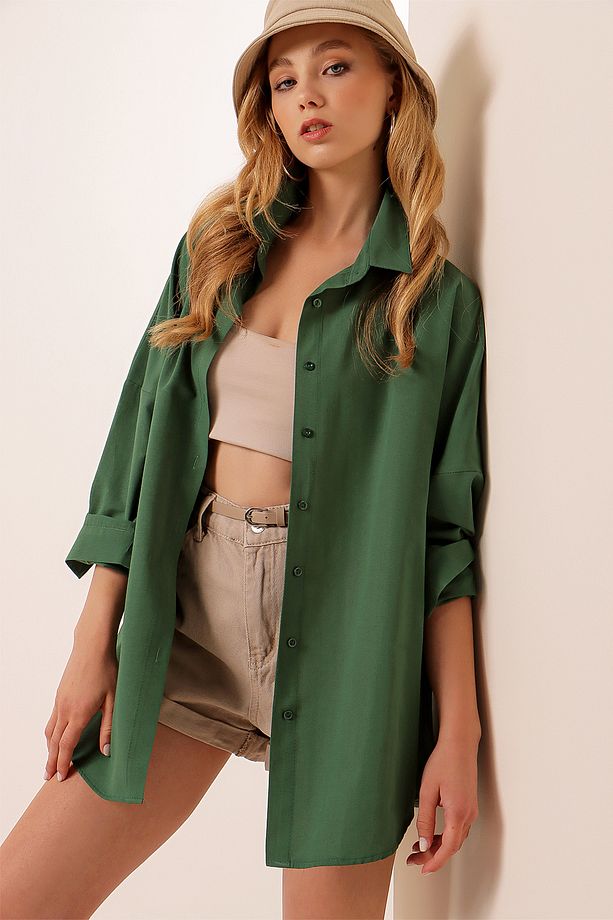 3900 Oversize Uzun Basic Gömlek - Zümrüt Yeşili - 5