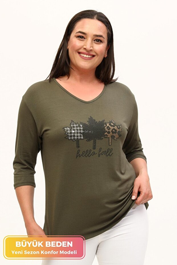 Large Size New Season Casual Comfort Model Leaf Pattern Stone Printed Half Sleeve Mother 4 Seasons Blouse