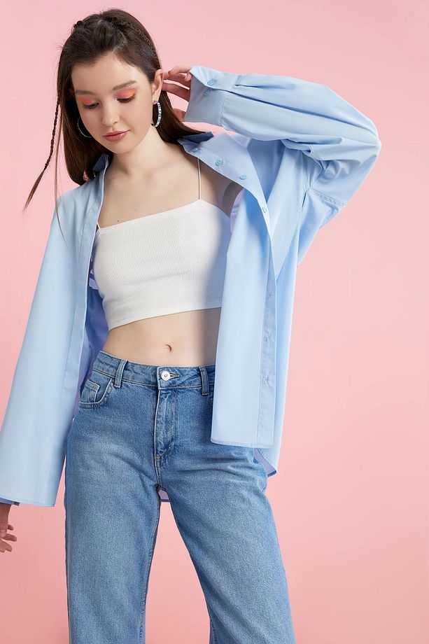 Basic Oversize Fit Poplin Gömlek %100 Pamuk Tunik - 1