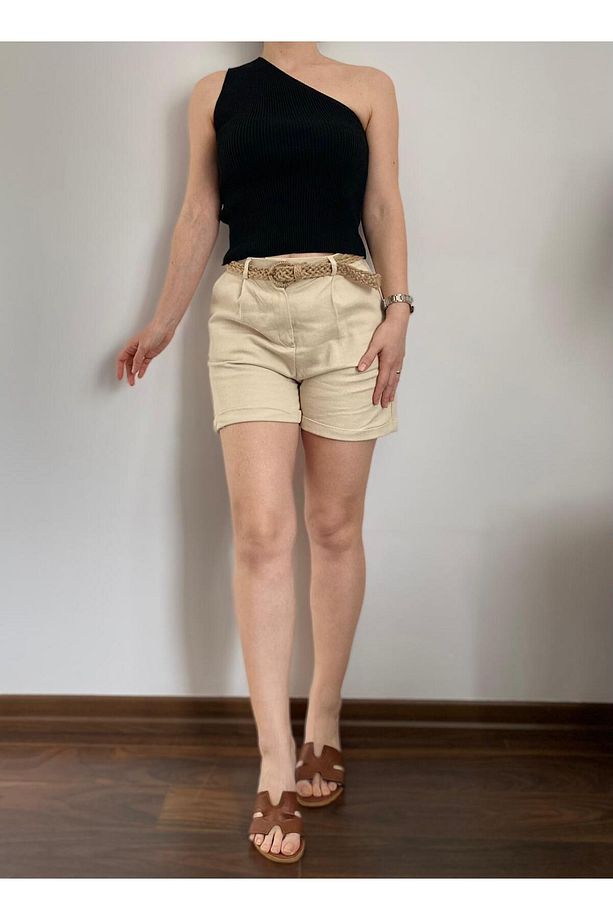 Beli Hasır Kemerli Kısa Gabardin Şort - Taş - 4