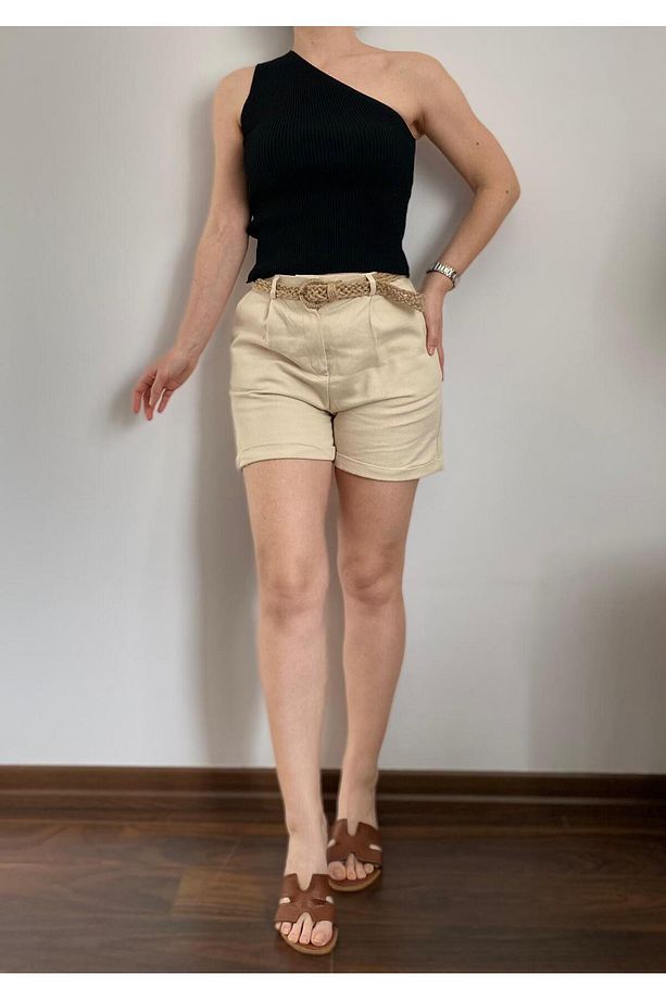 Beli Hasır Kemerli Kısa Gabardin Şort - Taş - 3