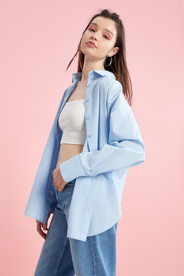 Basic Oversize Fit Poplin Gömlek %100 Pamuk Tunik - 3