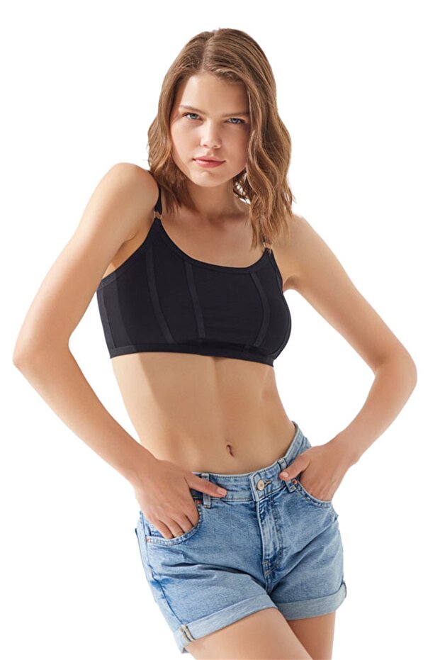 Black Cotton Adjustable Strap Women's Bralette Bustier
