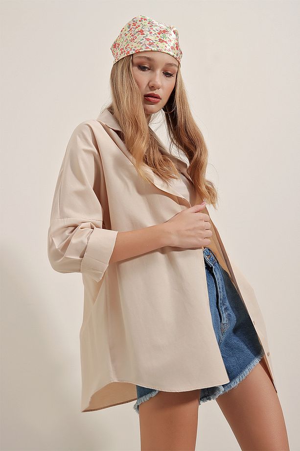 3900 Oversize Uzun Basic Gömlek - Krem - 6