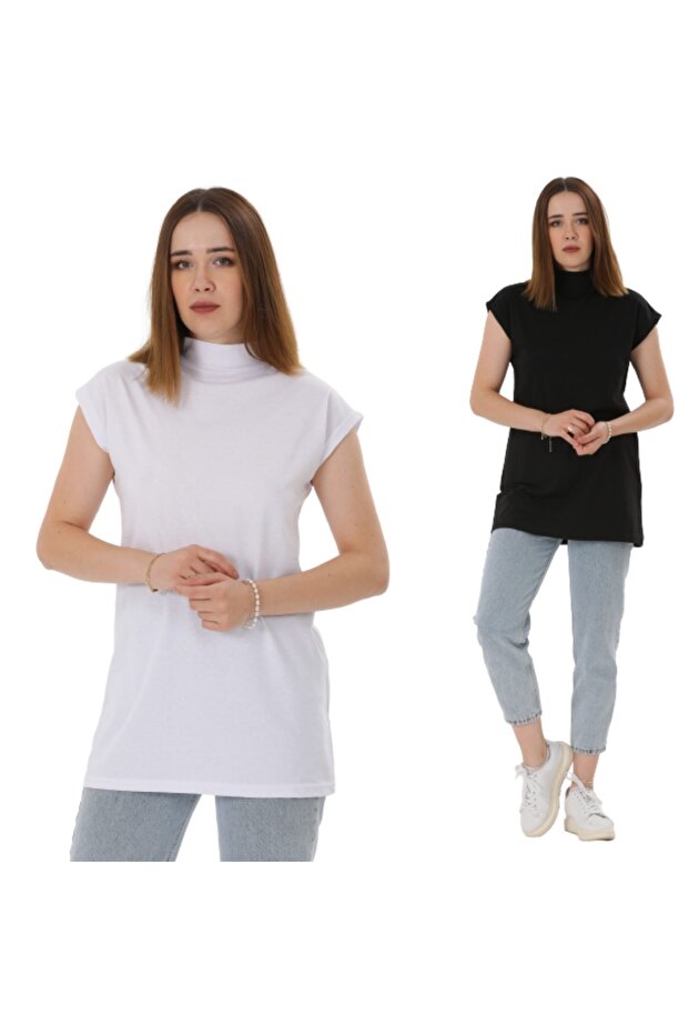 Women's Black and White 2-Piece High Collar Sleeveless Knitted Cotton Tunic