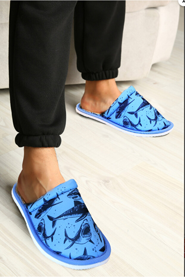 Men's Blue Shark Patterned Soft Sole Home Slippers
