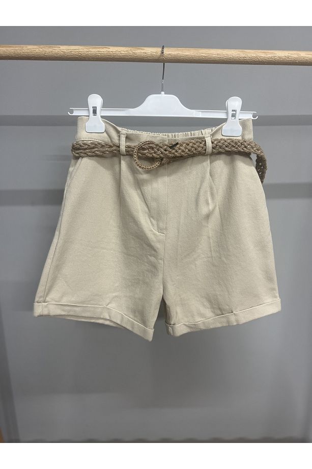Beli Hasır Kemerli Kısa Gabardin Şort - Taş - 5