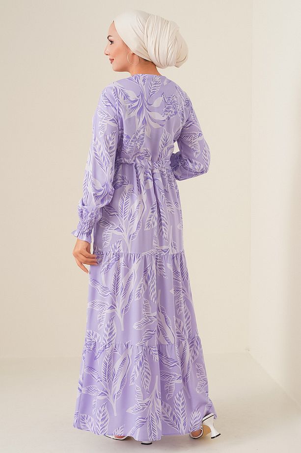 2145 Desenli Tesettür Elbise - Lila - 5
