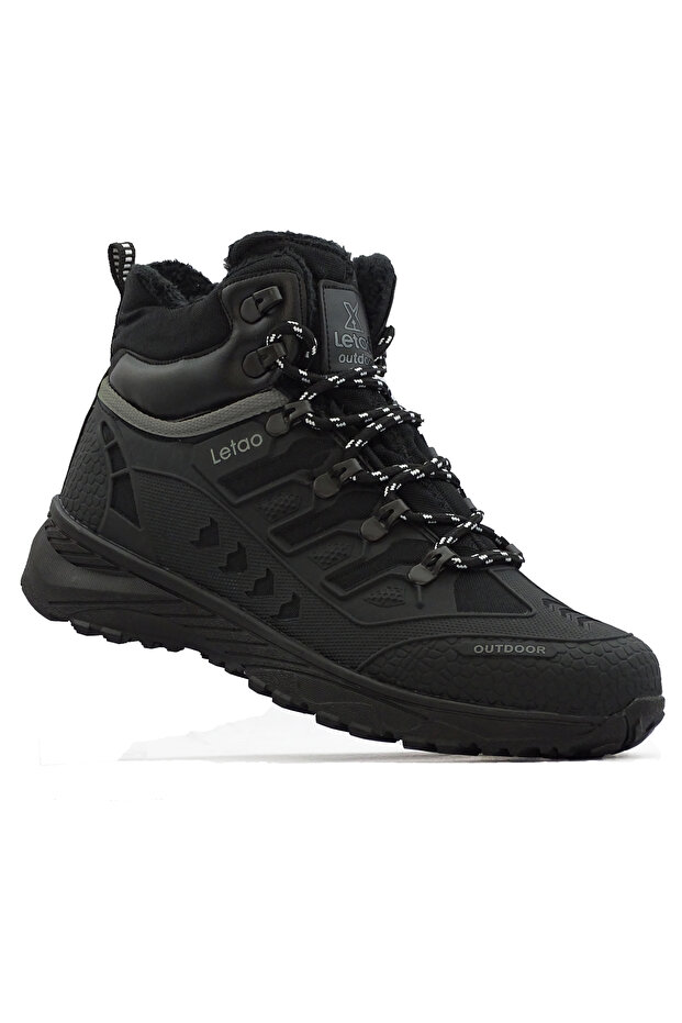 Men's Black Watertight Waterproof Trekking Fur-Trimmed Zip-Up Boots 8075