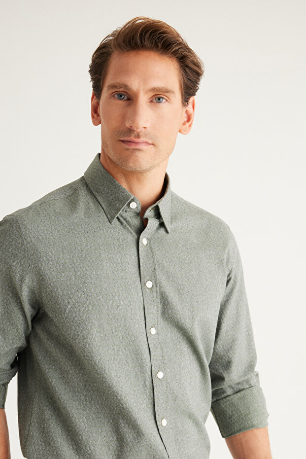 Erkek Haki Slim Fit Dar Kesim Gizli Düğme Yaka %100 Pamuk Gömlek - 5