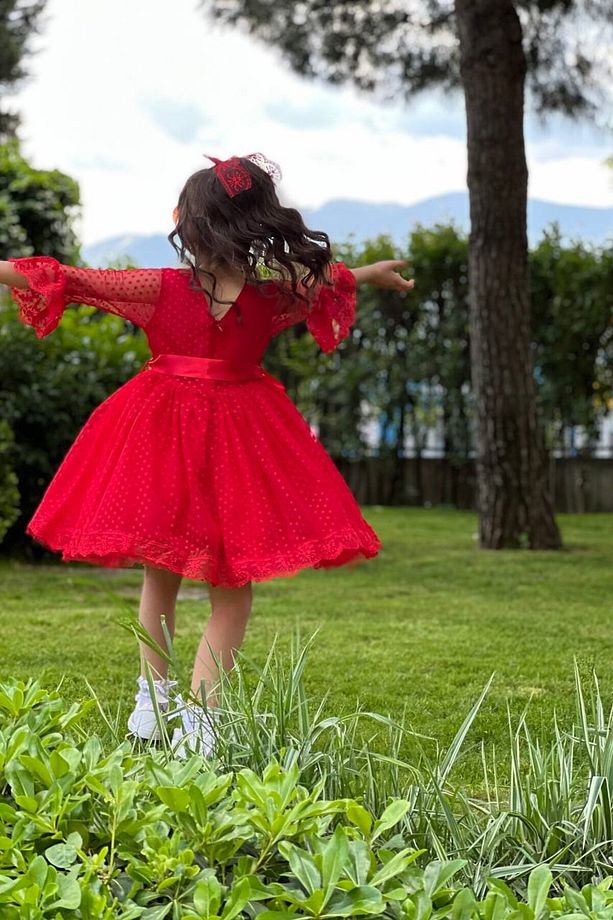 Puantiyeli Model Kırmızı Çocuk Abiye 23 Nisan Elbisesi Abiyekids001 - 3