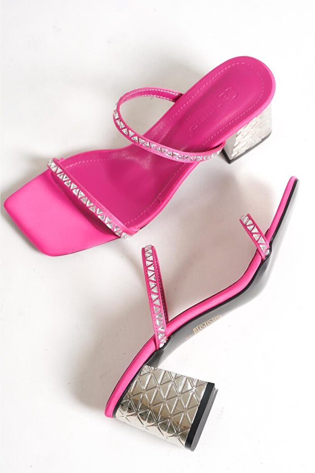 Capone Blunt Toe Mirror részletes dupla csíkos fém blokk sarkú szatén fukszia női papucs - 4