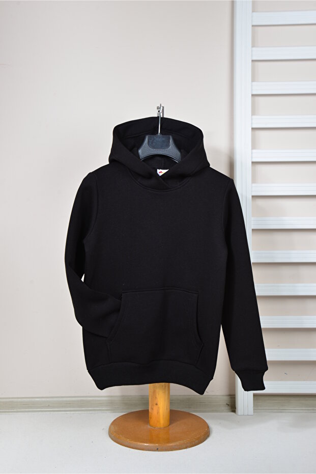 UNISEX KIDS BLACK HOODED 3 STRING THICK FLEECE SWEATSHIRT