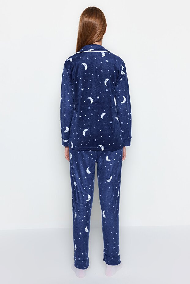Lacivert Ay Desenli Polar Kışlık Örme Pijama Takımı THMAW22PT0362 - 8
