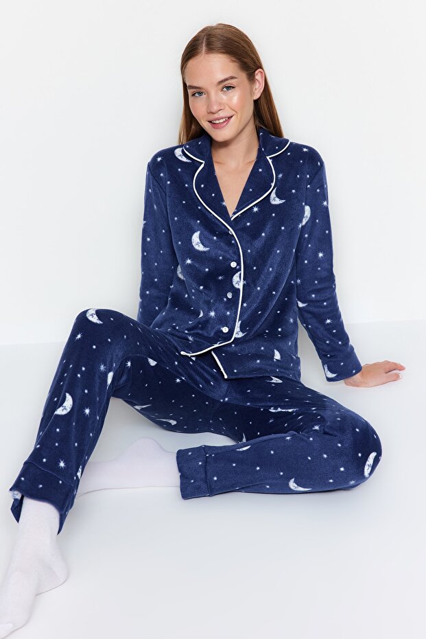 Lacivert Ay Desenli Polar Kışlık Örme Pijama Takımı THMAW22PT0362 - 2