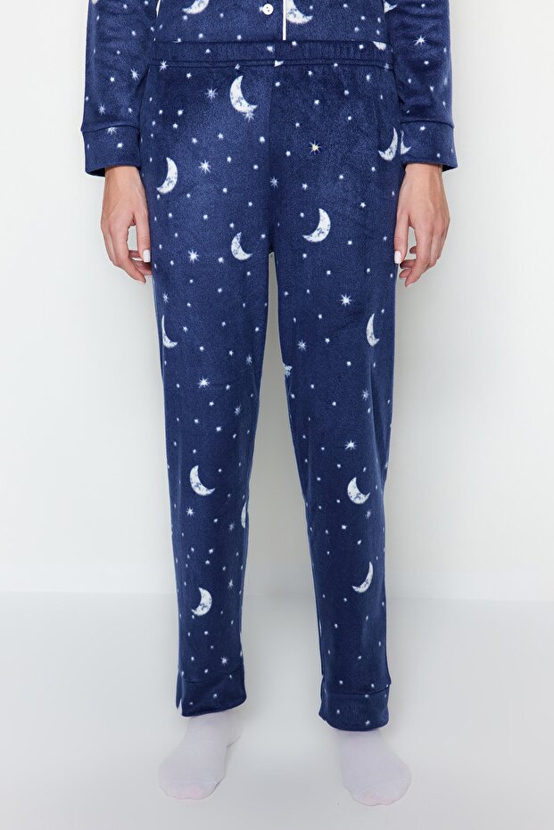 Lacivert Ay Desenli Polar Kışlık Örme Pijama Takımı THMAW22PT0362 - 7