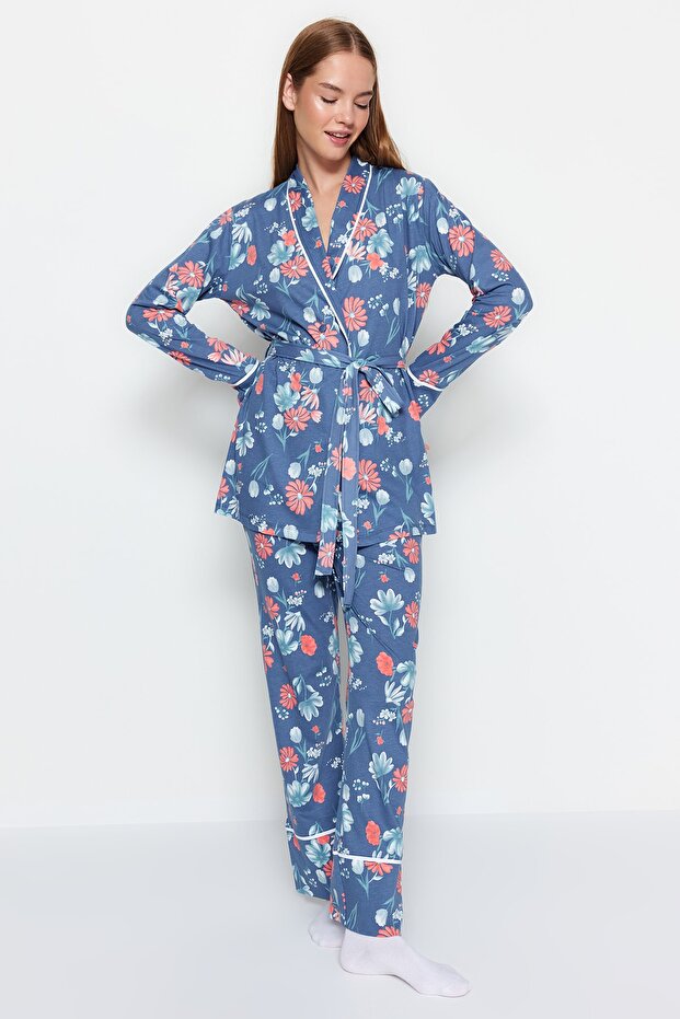 Mavi %100 Pamuklu Çiçek Desenli Kruvaze Gömlek-Pantolon Örme Pijama Takımı THMAW21PT0584 - 3