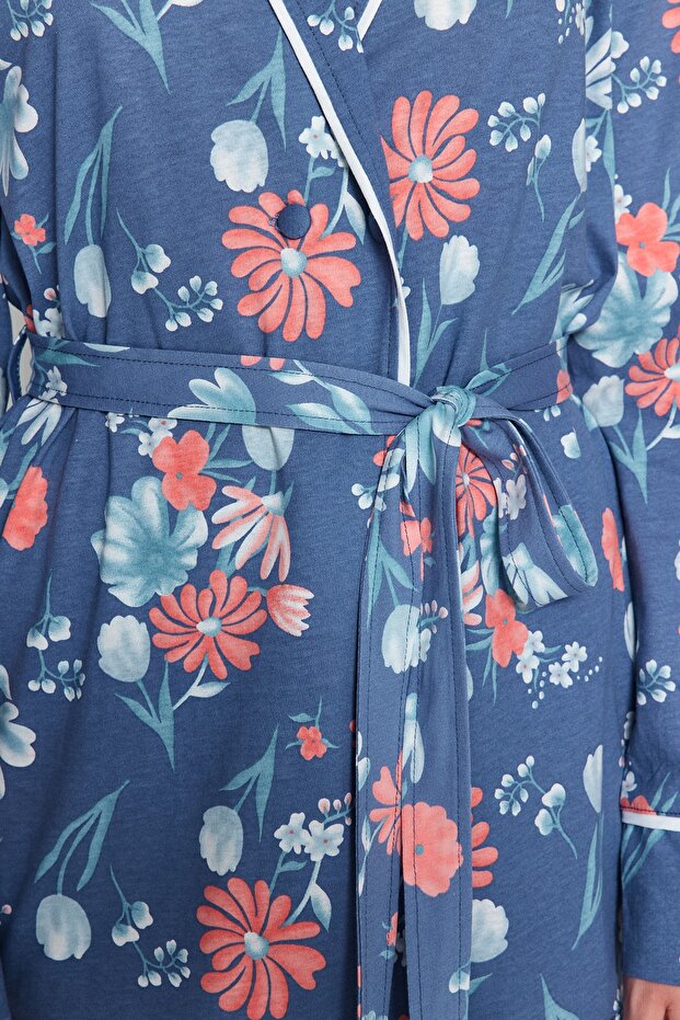 Mavi %100 Pamuklu Çiçek Desenli Kruvaze Gömlek-Pantolon Örme Pijama Takımı THMAW21PT0584 - 5