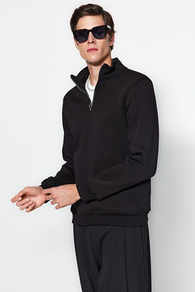Siyah Regular/Normal Kesim Dik Yaka Fermuarlı Pamuklu Basic İçi Polarlı Sweatshirt TMNAW24SW00041 - 5