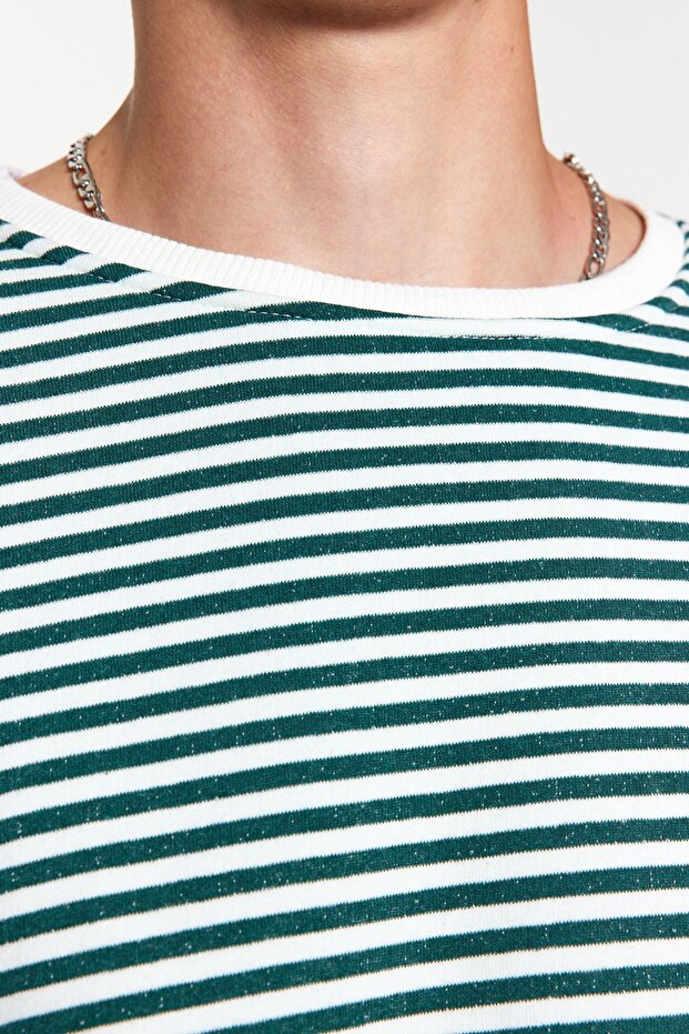 Yeşil Oversize/Geniş Kesim Çizgili İçi Polar/Sıcak Tutan Sweatshirt TMNAW24SW00065 - 4