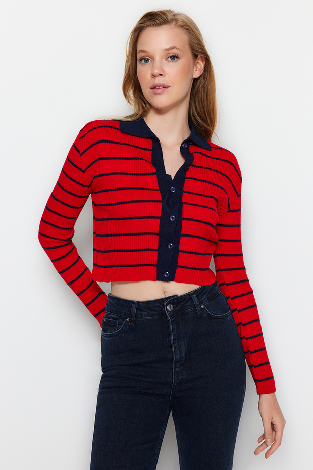 Navy Blue Crop Striped Polo Neck Knitwear Cardigan Twoaw24Hi00384