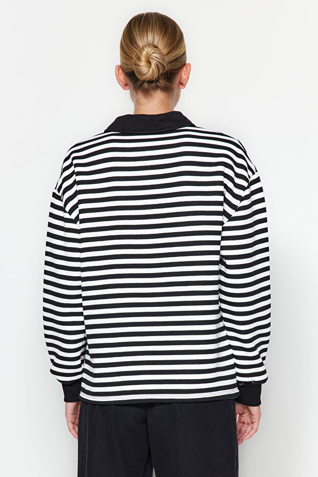 Siyah Çizgili Polo Yaka Kalın İçi Polarlı Oversize Örme Sweatshirt TWOAW24SW00344 - 5