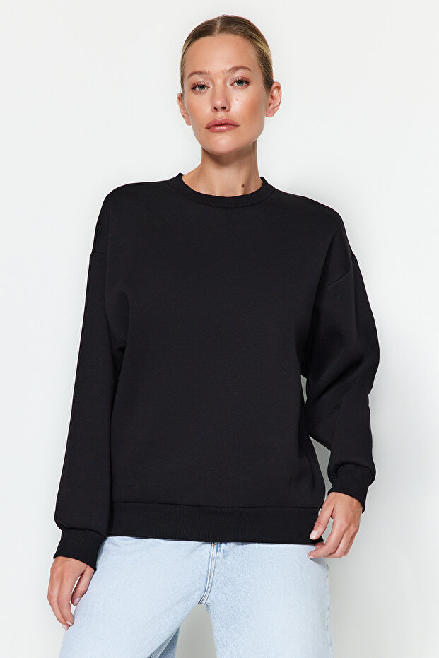 Siyah Kalın İçi Polarlı Regular/Normal Kalıp Bisiklet Yaka Basic Örme Sweatshirt TWOAW24SW00101 - 7