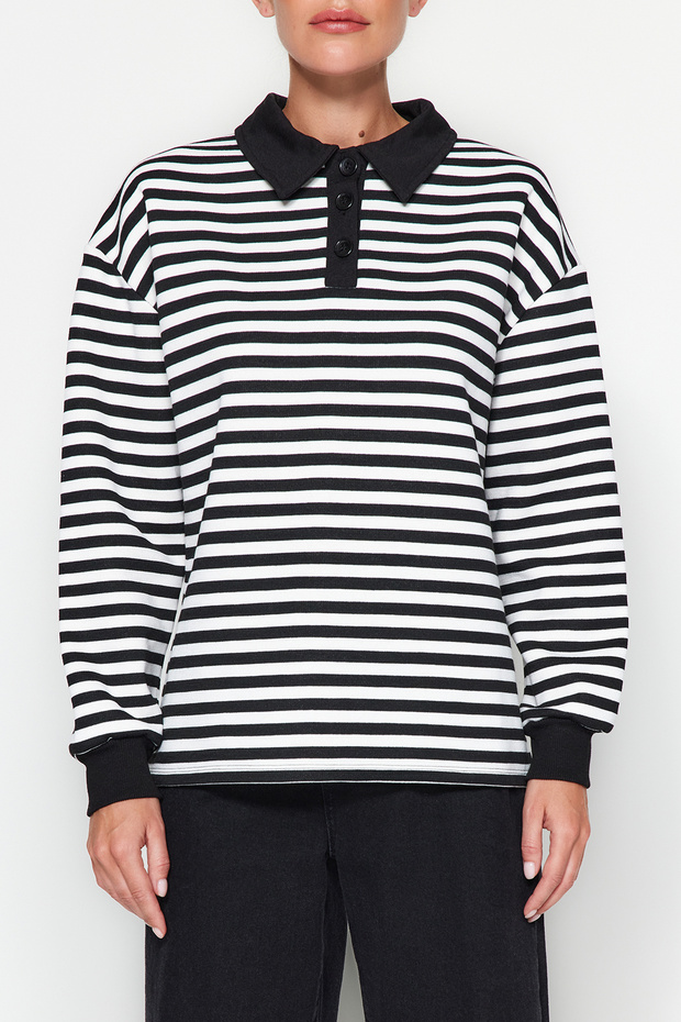 Siyah Çizgili Polo Yaka Kalın İçi Polarlı Oversize Örme Sweatshirt TWOAW24SW00344 - 3