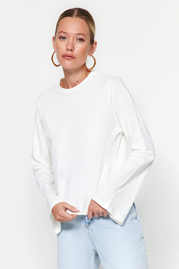 Ekru İspanyol Kol Bisiklet Yaka Regular/Normal Kalıp Örme T-Shirt TWOAW24TS00008 - 3