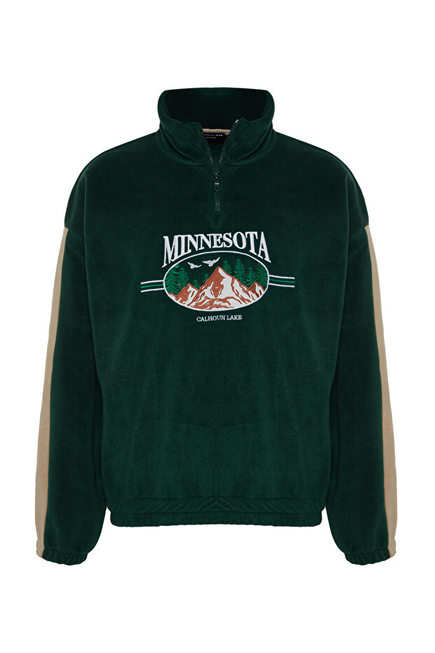 Zümrüt Yeşili Unisex Oversize/Geniş Kesim Dik Yaka Anti-pilling Polar Sweatshirt TMNAW24SW00034 - 8