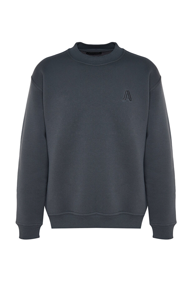Antrasit Oversize/Geniş Kesim Yarım Balıkçı Yaka Harf Nakışlı Sweatshirt İçi Polarlı TMNAW24SW00046 - 6