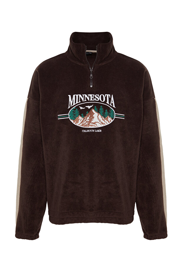 Kahverengi Unisex Oversize/Geniş Kesim Dik Yaka Anti-pilling Polar Sweatshirt TMNAW24SW00034 - 8