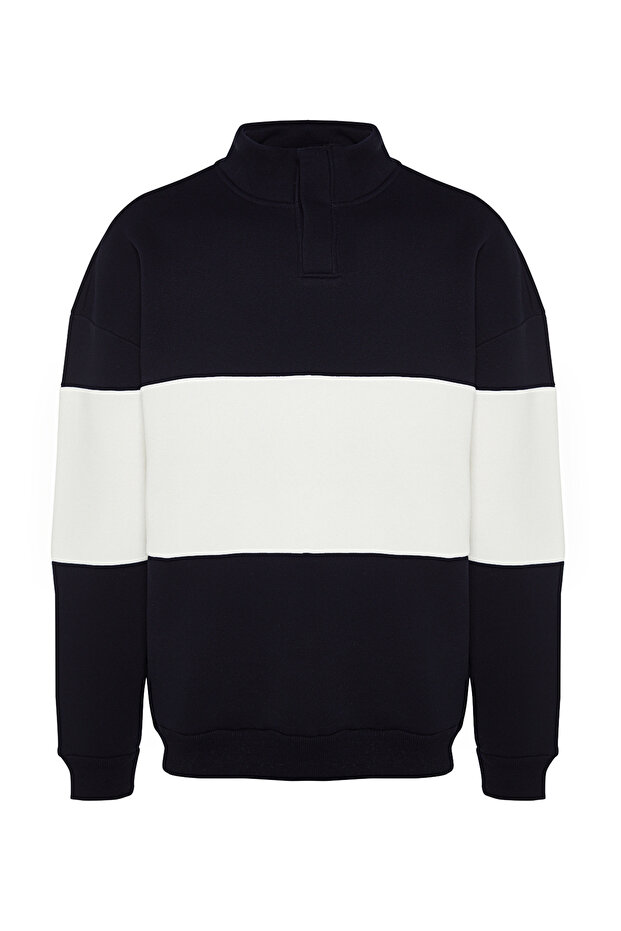 Lacivert Oversize/Geniş Kesim Dik Yaka Renk Bloklu İçi Polar/Sıcak Tutan Sweatshirt TMNAW24SW00160 - 6